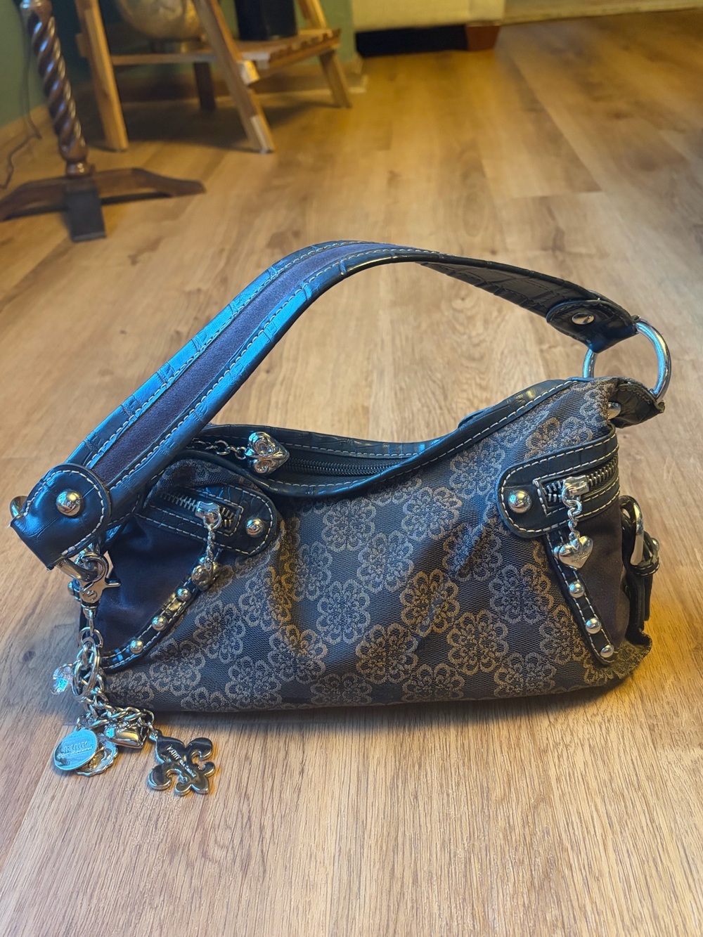Kathy Van Zeeland Y2K Brown Jacquard Hobo Shoulder Bag Fleur De Lis Charms
